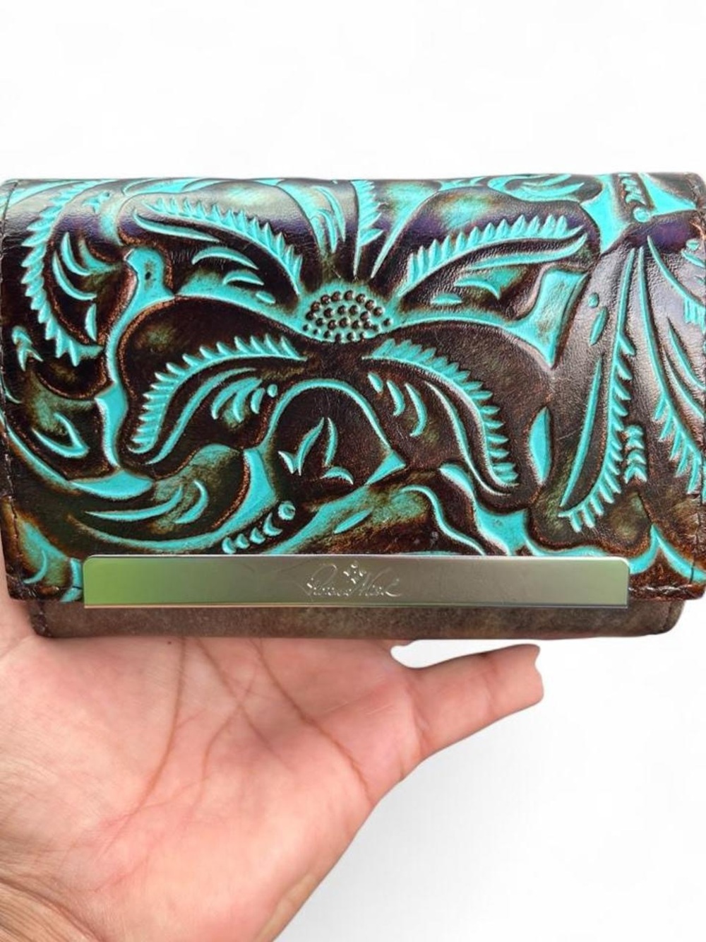 Patricia Nash Turquoise Floral rTooled Leather Tote with wallet - Picture 3 of 11